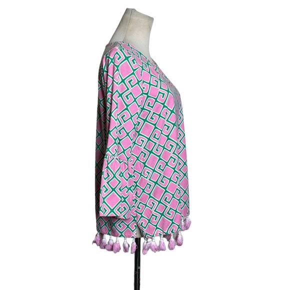 Crown & Ivy Pink Green and White Print 3/4 length bell sleeve tassel top size S - Picture 5 of 6